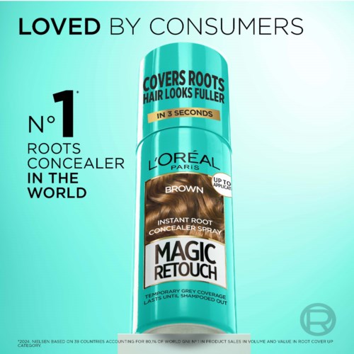 L'Oréal haarkleurspray voor rootbedekking, dekt roots, blijft tot wassen, snel aanbrengen, bruin.