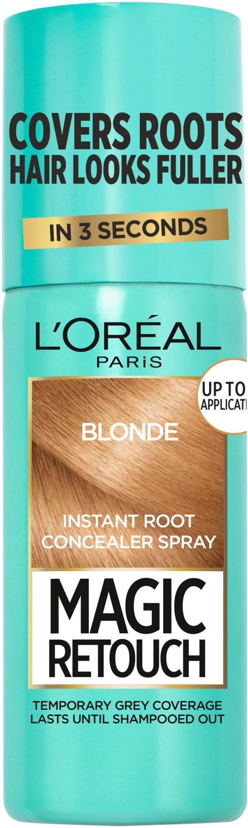 A hair color spray bottle from L'Oréal, designed to cover roots instantly with grey coverage.