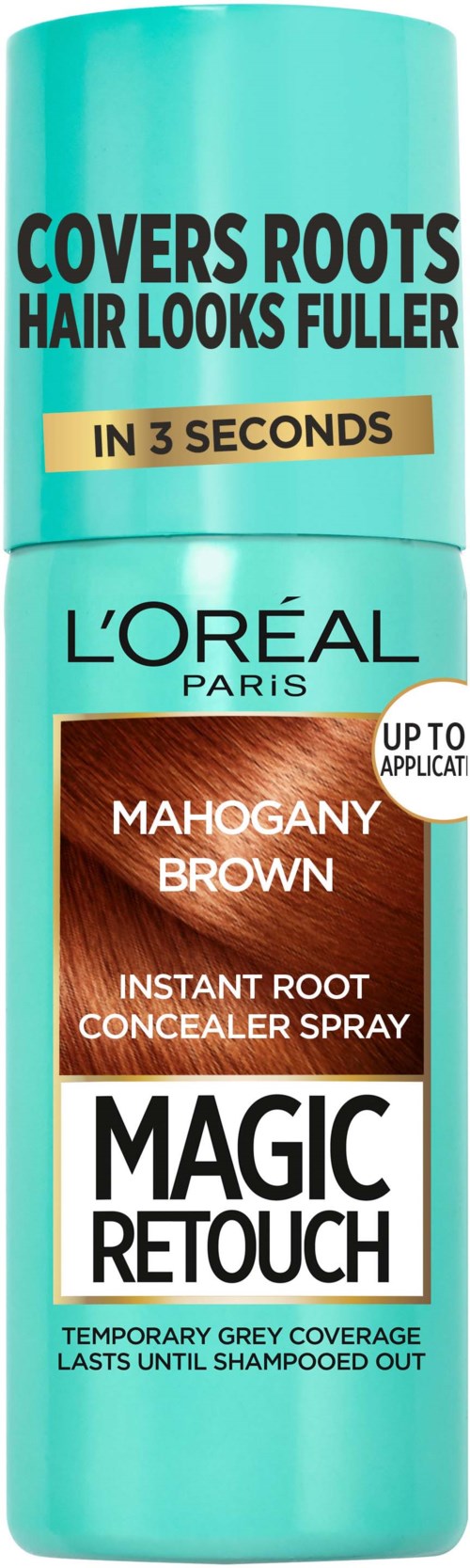 L'Oréal Magic Retouch spray covers roots instantly in brown color, lasts until shampooed, and makes hair look fuller.