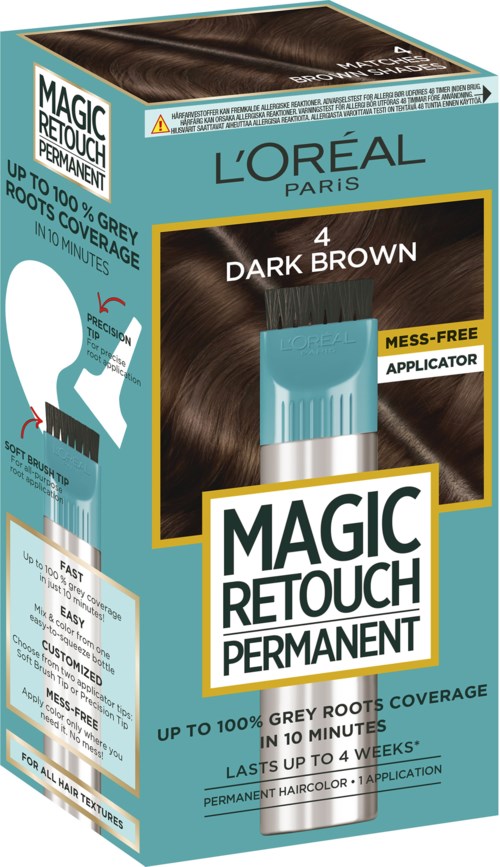 En låda av L'Oreal Magic Retouch hårfärgspray i mörkbrunt. Den har en applicator och visar hår med färgprofyl.