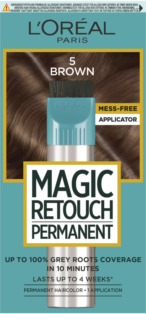 L'Oréal haarkleuring doos met kwast, gemarkeerd 'Magic Retouch Permanent' voor snelle grijze dekking. Beklemtoont snelle en blijvende resultaten.