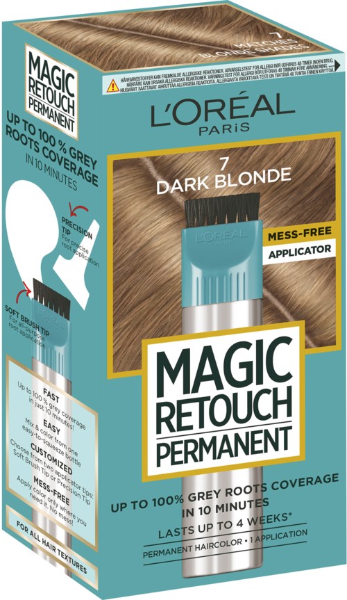 Pudełko farby do włosów L'Oréal Magic Retouch, oznaczone dla ciemnego blondu, obiecujące szybkie i trwałe pokrycie siwych włosów.