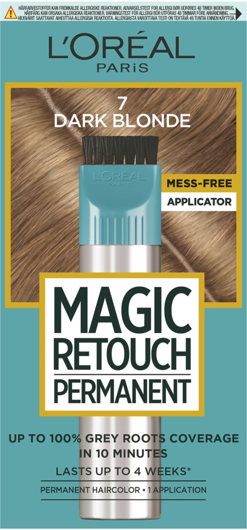 Zestaw do koloryzacji włosów na ciemny blond, etykieta 'L'Oréal Paris Magic Retouch Permanent', pokazuje tubkę i tło włosów.