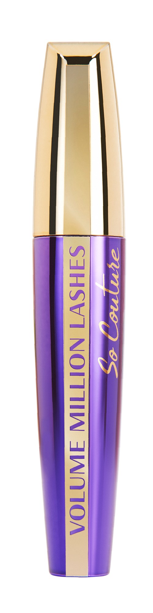Violetti ja kultainen ripsiväriputeli kultaisella korkilla ja merkinnällä, joka sanoo 'Volume Million Lashes'.