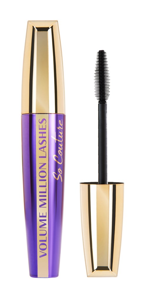Violetti ja kulta-rakastussuihkeputki, jossa harja irrotettuna. Teksti sanoo "VOLUME MILLION LASHES" ja "So Couture."
