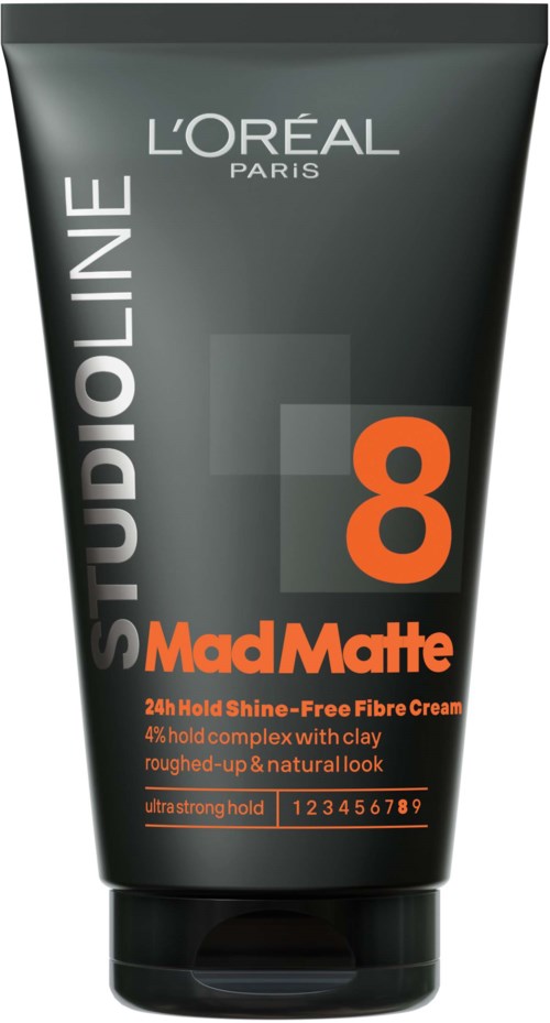 Zwarte tube L'Oréal Mad Matte haarcrème met oranje en witte tekst, nummer 8, en zwarte dop.