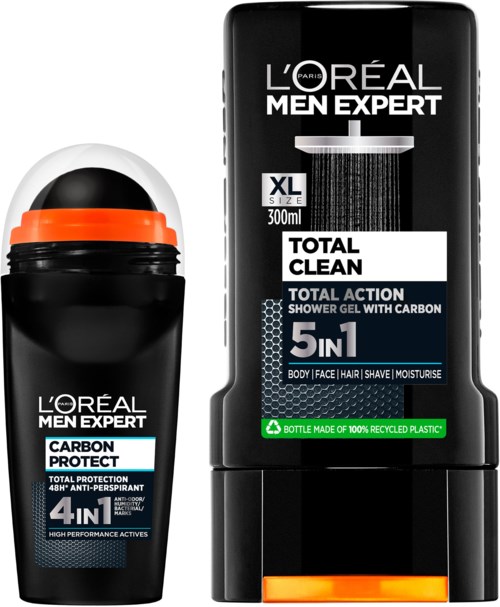 En svart L'Oréal Men Expert antiperspirant og dusjgell med oransje og hvite detaljer, merket som 4-i-1 og 5-i-1.