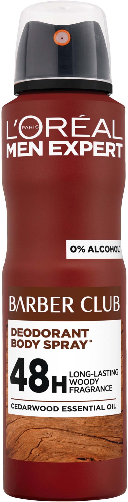 En boks L'Oréal Men Expert deodorant kroppsspray med sedertreduft, 48 timer beskyttelse og uten alkohol.
