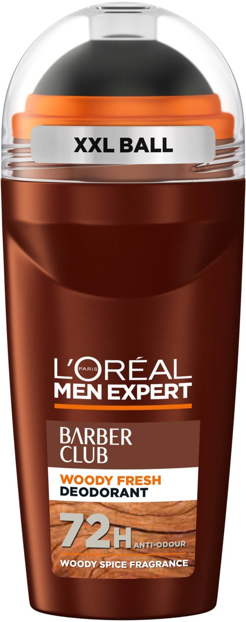 A deodorant spray with a brown bottle, labeled L'Oréal Men Expert Barber Club Woody Fresh, with 72-hour protection.
