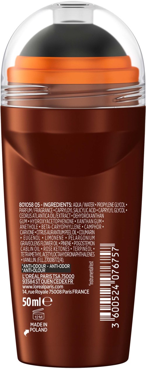 The image shows a brown bottle with a black cap and transparent cover, labeled with ingredients and barcode.