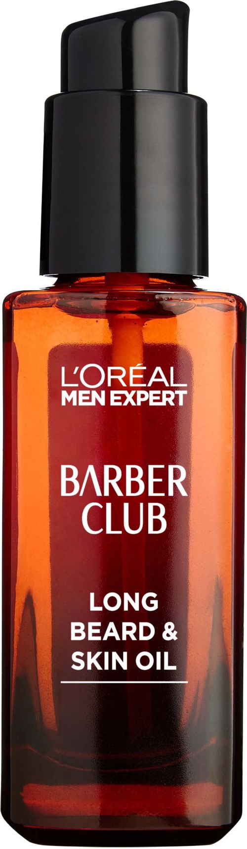 Mała ciemnobrązowa butelka z czarną pompką. Oznaczona jako 'L'Oreal Men Expert Barber Club Long Beard & Skin Oil.'