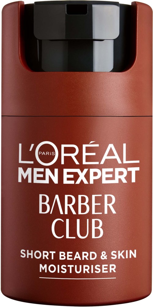 Röd flaska med etiketten 'L'Oréal Men Expert Barber Club Short Beard & Skin Moisturiser' och svart lock.