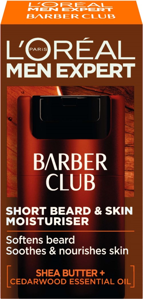 En låda med L'Oréal Men Expert Barber Club skägg- och hudfuktkräm med shea-smör och cederträolja.