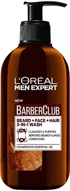 A brown bottle with a black pump, labeled as L'Oreal Men Expert BarberClub 3-in-1 wash for beard, face, and hair.
