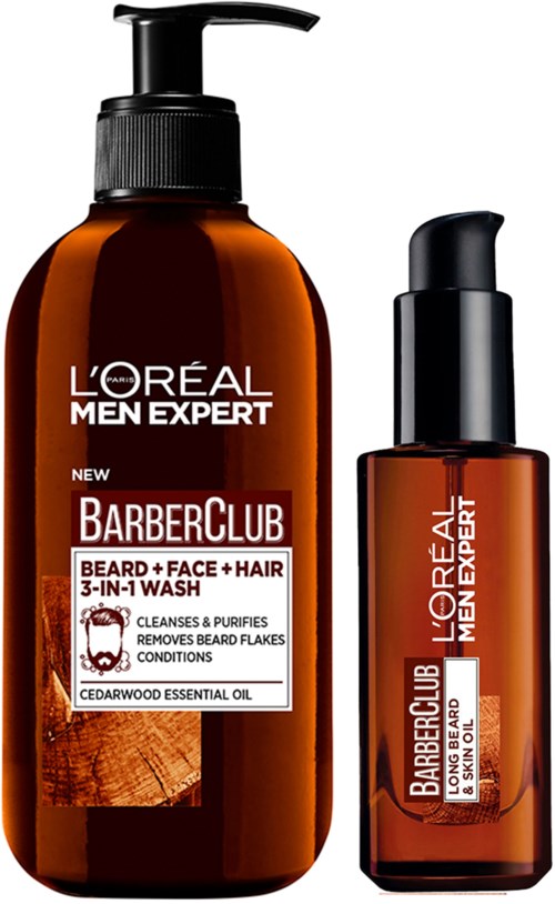 To brune flasker med L'Oreal Men Expert Barber Club produkter, den ene for skjegg- og ansiktsvask, den andre for skjeggolje.
