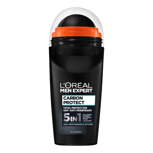 Antiperspirant stick with black, orange, and transparent cap, labeled L'Oréal Men Expert Carbon Protect, 5-in-1 protection.