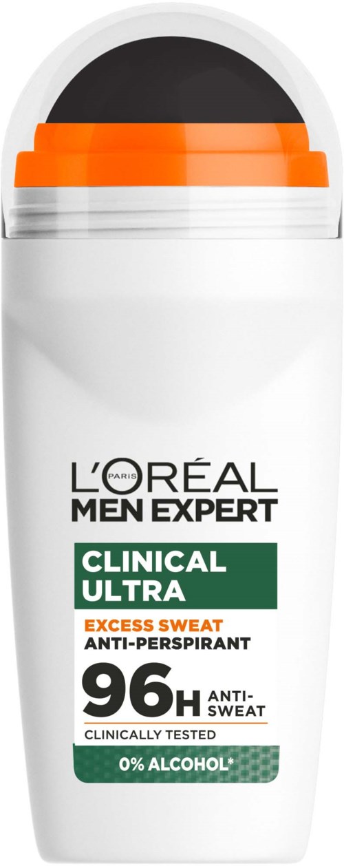 L'Oreal Men Expert Clinical Ultra -deodoranttiviste, jossa on oranssi, valkoinen ja musta pakkaus, tarjoaa 96 tuntia suojaa.
