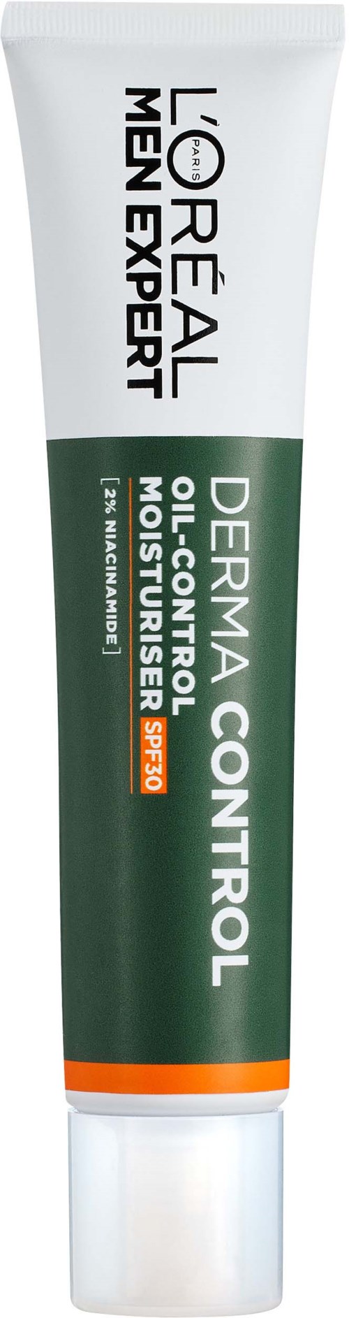 Een witte en groene tube van L'Oréal Men Expert Dermia Control oliecontrole moisturizer met SPF 30.