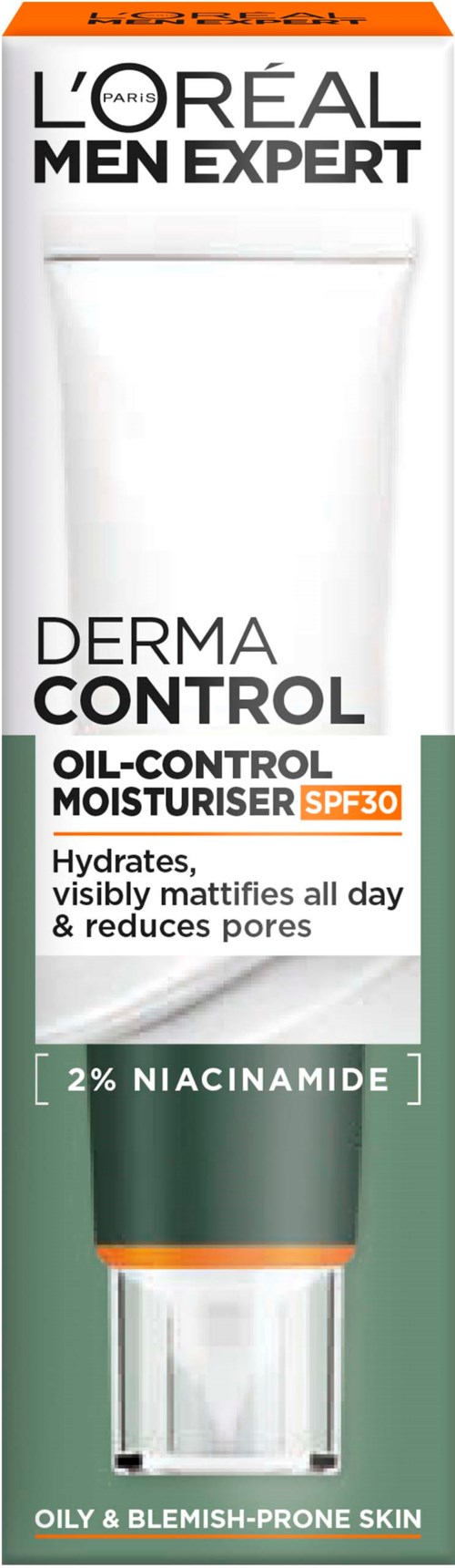 Een tube L'Oréal Men Expert Derma Control oliecontrole moisturizer met SPF 30 voor vette, onreine huid.
