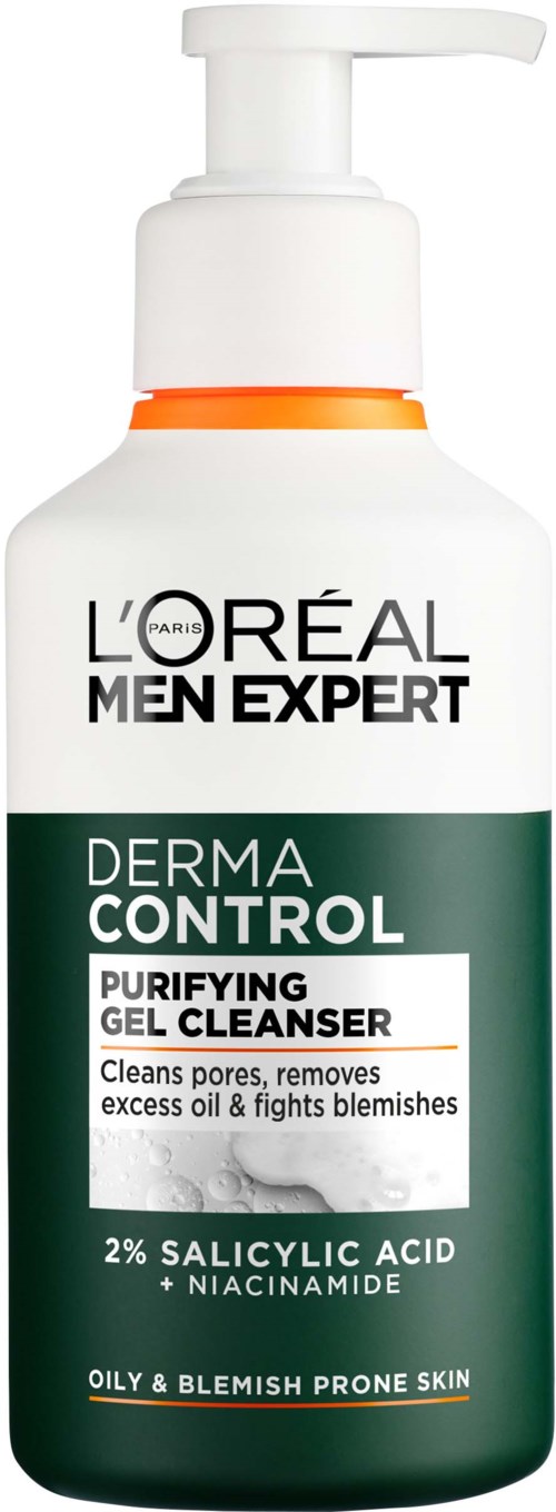 Eine weiße Flasche mit Pumpe, gekennzeichnet als L'Oreal Men Expert Derma Control Reinigungsgel für fettige Haut.