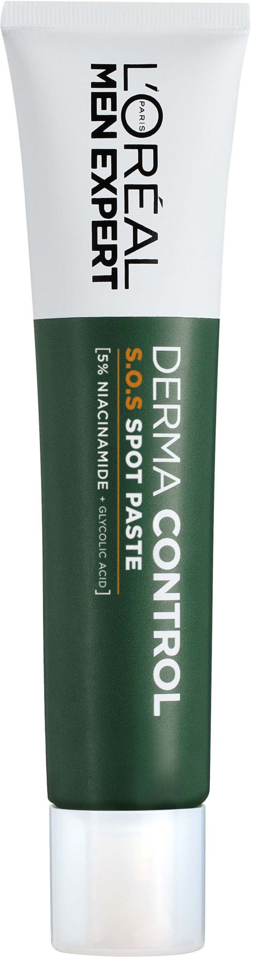 Eine Tube L'Oréal Men Expert Hautpflege mit grüner und weißer Verpackung, gekennzeichnet für Dermatitis-Kontrolle und Sonnenschutz.