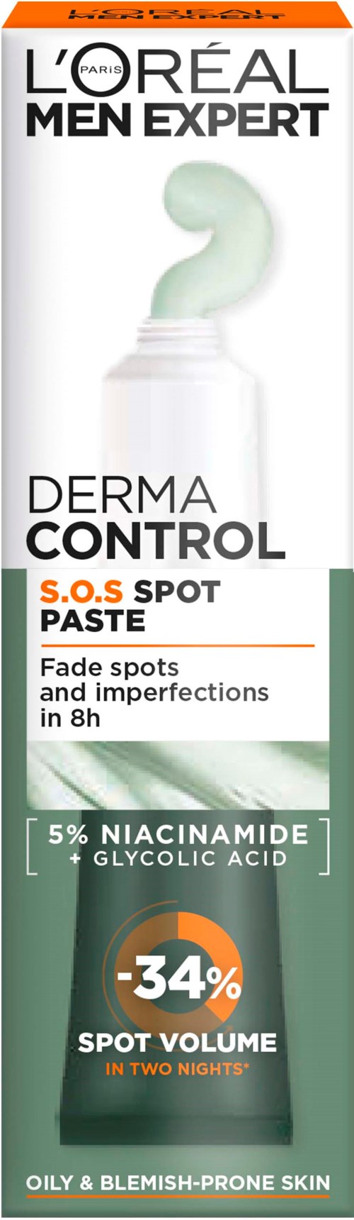 Ein Hautpflegeprodukt in einer weißen Tube mit orange und grünen Akzenten, um Pickel und Unreinheiten zu behandeln.