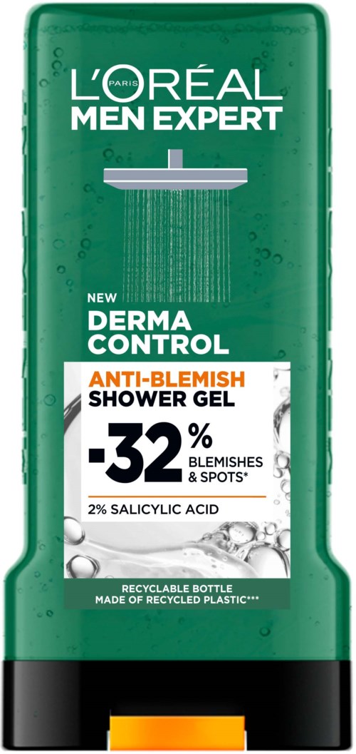 En grønn flaske av L'Oréal Men Expert Derma Control anti-blemish dusjsåpe med svart lokk og pumpe.
