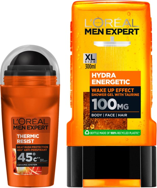 To produkter fra L'Oréal Men Expert: en liten oransje pinne og en større gul dusjgelen flaske.