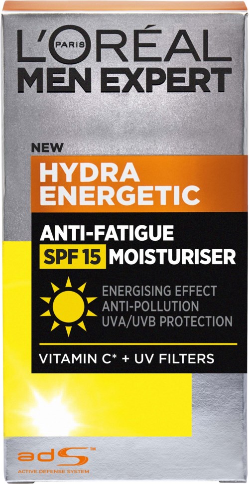 Eine Packung L'Oréal Men Expert Hydra Energetic Feuchtigkeitscreme mit SPF 15, Vitamin C, UV-Filter und Sonne.