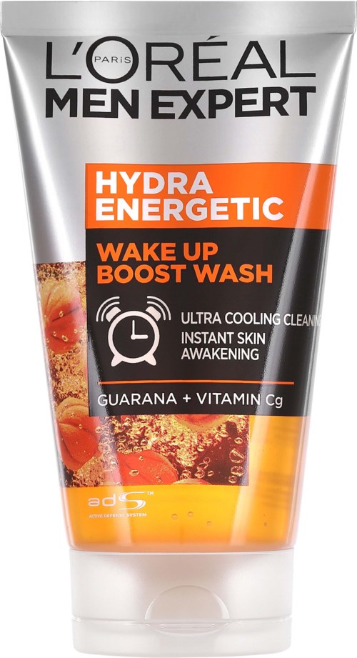 Tuba do mycia twarzy dla mężczyzn L'Oréal Men Expert Hydra Energetic Wake Up Boost Wash w kolorach pomarańczowym i czarnym.