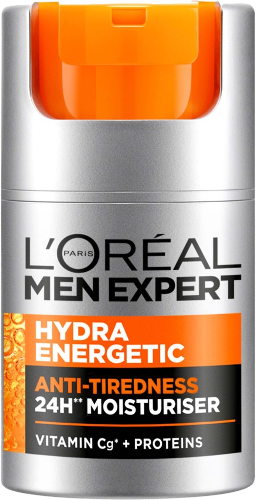 L'Oreal Men Expert Hydra Energetic Anti-Müdigkeit Feuchtigkeitscreme mit Vitamin Cg und Proteinen. Orangen-weiß Flasche.
