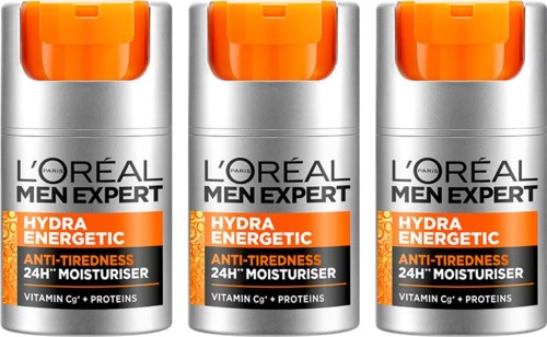 Drei Dosen L'Oréal Men Expert Hydra Energetic Anti-Tiredness 24h Moisturizer mit Vitamin C und Proteinen.