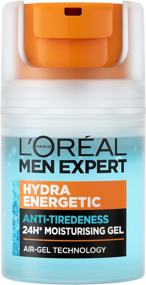 L'Oreal Men Expert Hydra Energetic Anti-Tiredness Verzorgingsgel in een blauw en oranje container met witte dop.