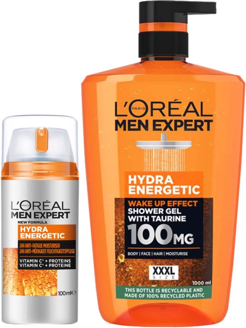 L'Oréal Men Expert douchegel en schuimfles, oranje kleur, met zwarte pomp, voor lichaam, gezicht, haar en vochtinbrand.