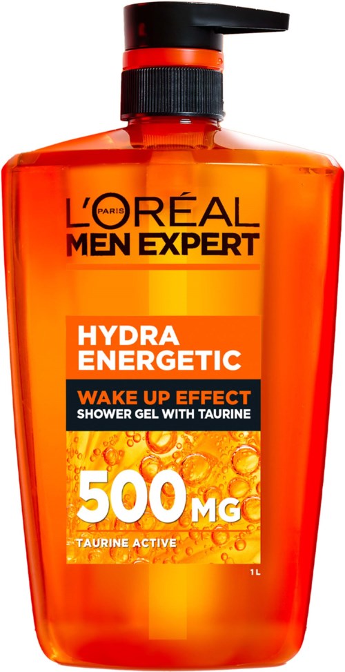 Oransje kroppsvæske flaske med svart pumpe, merket L'Oreal Men Expert Hydra Energetic Wake Up Effect, inneholder 500 mg taurin.