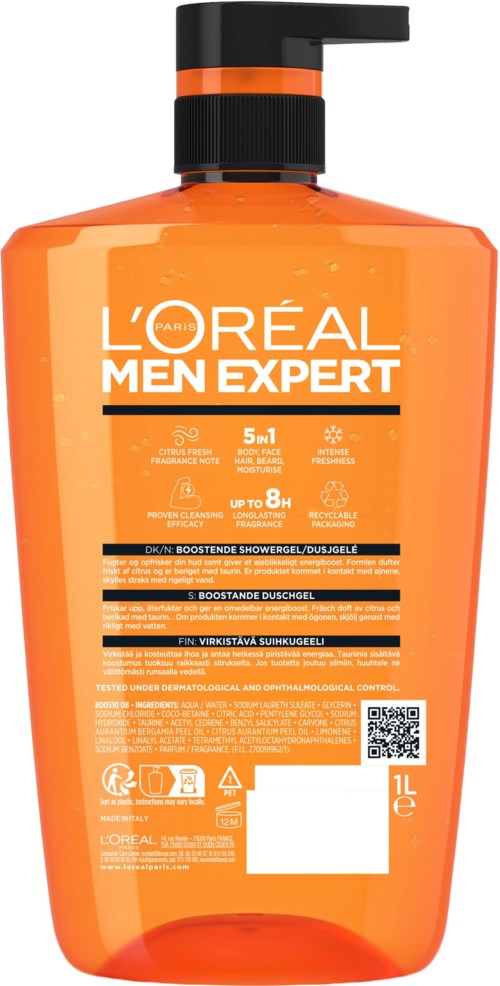 Orange flaske med L'Oreal Men Expert dusjgell med svart pumpe og hvit tekst. Produktet har 5-i-1 formel og varer opptil 8 timer.