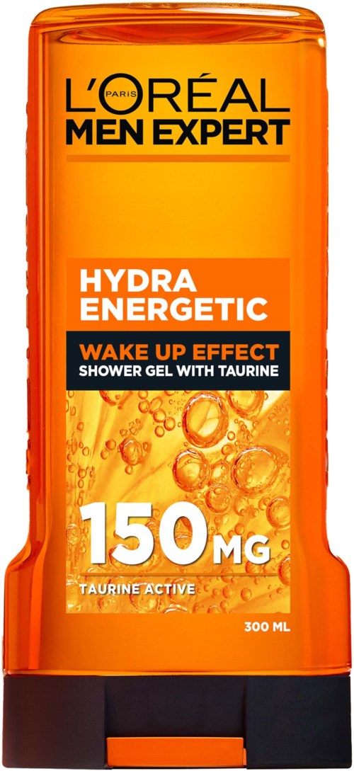 Oransje dusjsåpeflaske med svart lokk, etiketten sier Loreal Men Expert Hydra Energetic Wake Up Effect med 150 MG taurin.