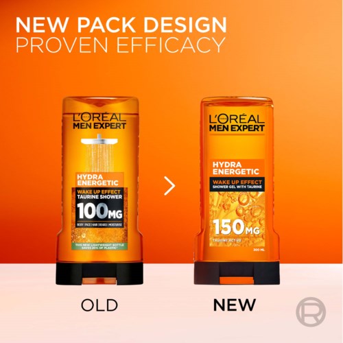 To flasker av L'Oréal Men Expert Hydra Energetic dusjsåpe som viser gammel og ny emballasje.