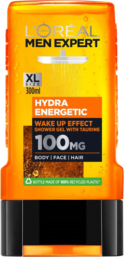 A bright yellow shower gel bottle labeled 'L'Oréal Men Expert Hydro Energetic' with 300ml capacity.
