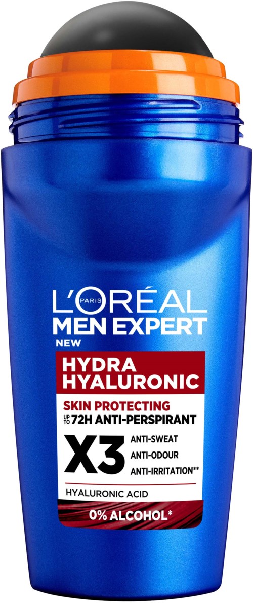 Blue bottle with black cap, orange ring, and white and red label advertising men's deodorant.