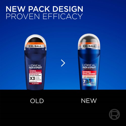 Comparison of old and new L'Oreal Men Expert Hydra Hyaluronic skincare bottles against a blue background.