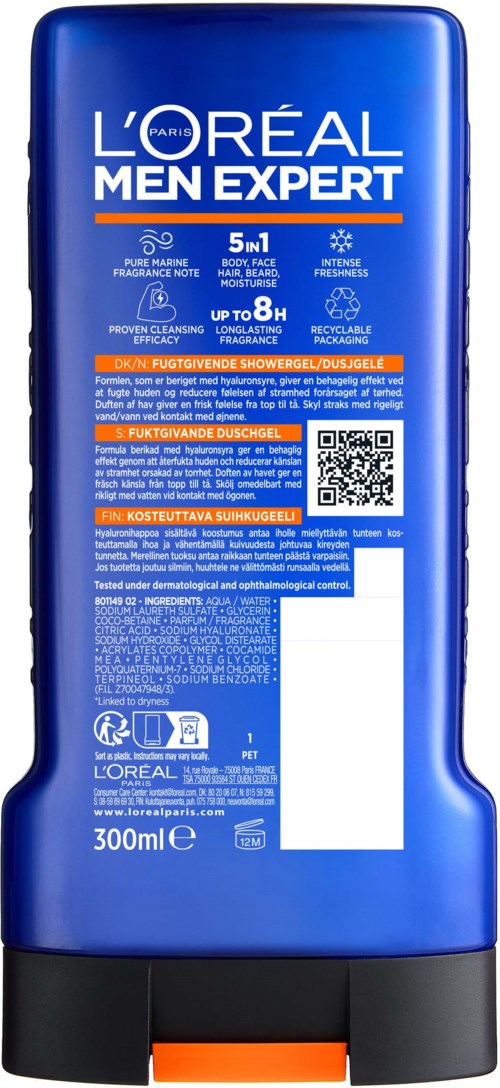 L'Oréal Men Expert dusjsåpe i blå flaske med hvit og orange tekst, viser produktinformasjon og en QR-kode.