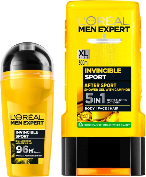 A yellow shampoo bottle with black and white label, showing brand and product details for men's sport shower gel.