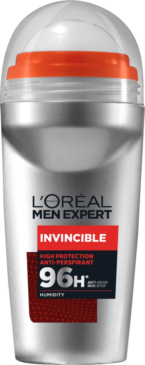 Szczotka antyperspirantu w srebrnym opakowaniu, pomarańczowa pokrywka i etykieta z tekstem L'Oréal Men Expert Invincible, 96 godzinna ochrona.