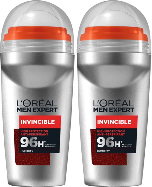 Två silverflaskor av L'Oreal Men Expert Invincible anti-svett deodorant med orange lock.