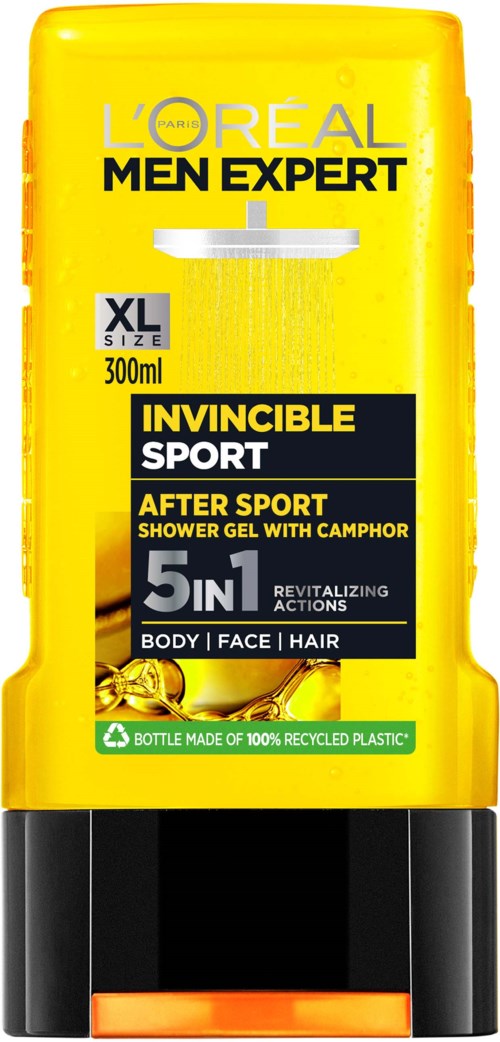 Dies ist eine gelbe L'Oreal Men Expert Duschgel-Flasche mit schwarzem und orangefarbenem Deckel, beschriftet als Invincible Sport, 300 ml.