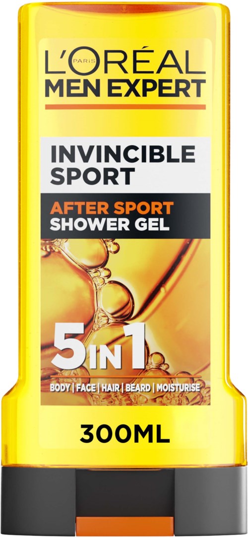 Dusjsåpeflaske med gul etikett, svart lokk og oransje aksent, merket L'Oreal Men Expert Invincible Sport 5 i 1.