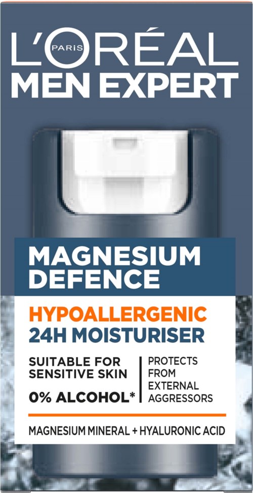 L'Oréal Men Expert Magnesium Defence dagcrème voor gevoelige huid, hypoallergeen, bevat magnesium en hyaluronzuur, zonder alcohol.