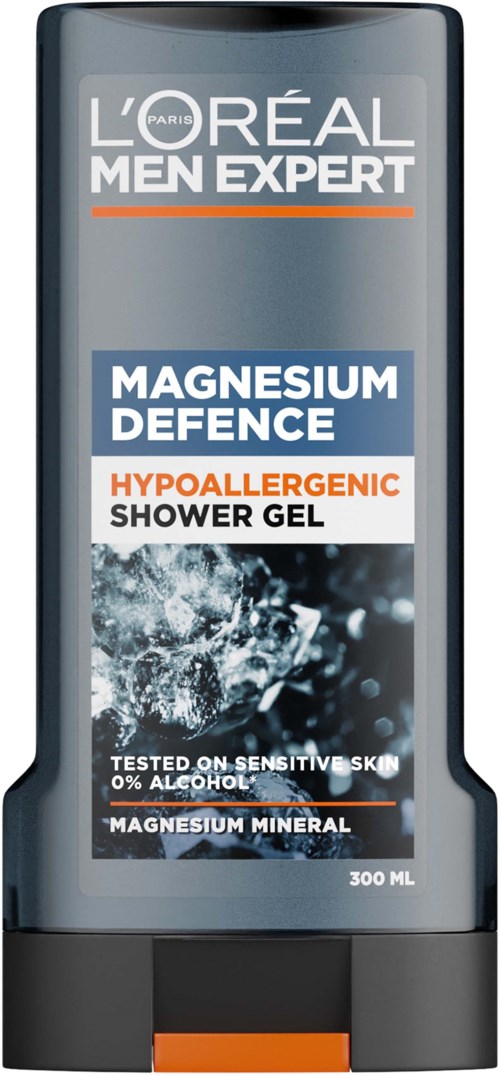 En flaske L'Oréal Men Expert Magnesium Defence hypoallergen dusjgelen med grått og svart design og oransje aksent.