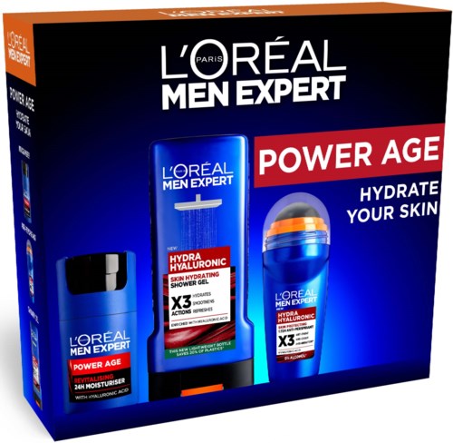 L'Oréal Men Expert Power Age Hydra Hyaluronsett med dusjsåpe og fuktighetskrem i blå emballasje.